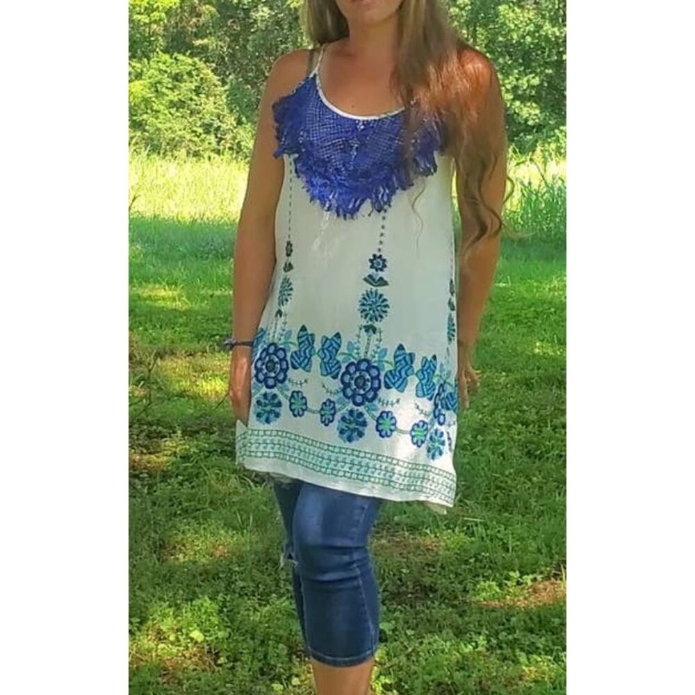 Velzera floral fringe tunic sundress white blue green small